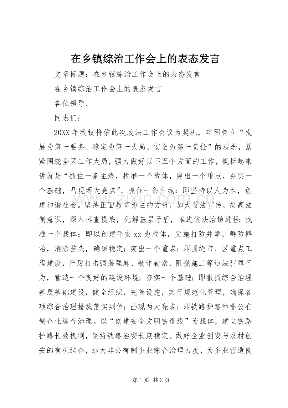 在乡镇综治工作会上的表态发言.docx_第1页