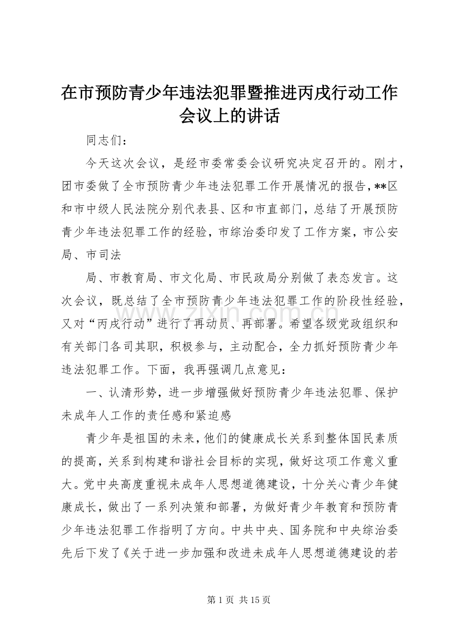 在市预防青少年违法犯罪暨推进丙戌行动工作会议上的讲话.docx_第1页