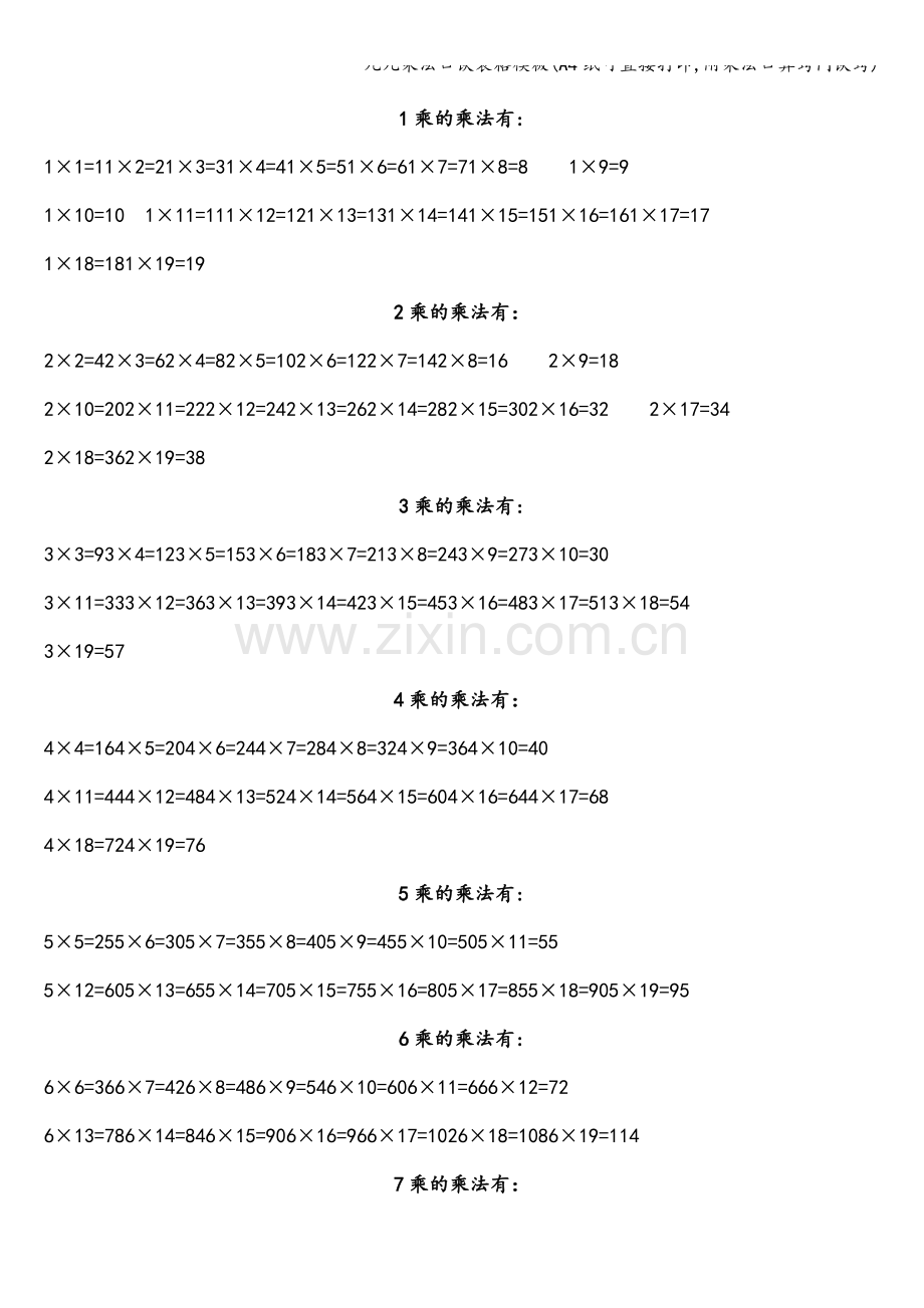 九九乘法口诀表格模板(A4纸可直接打印-附乘法口算窍门诀窍).doc_第2页
