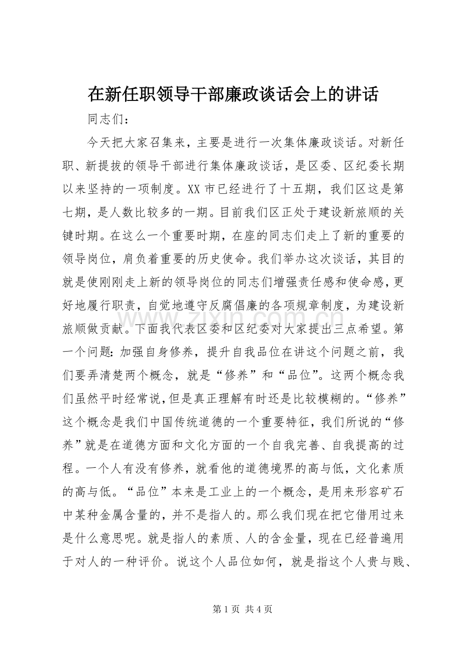 在新任职领导干部廉政谈话会上的讲话.docx_第1页