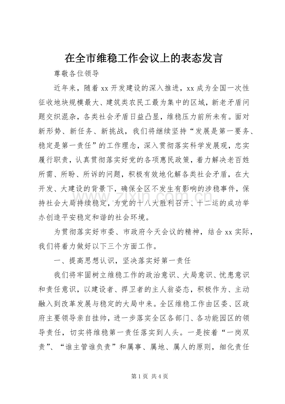 在全市维稳工作会议上的表态发言.docx_第1页
