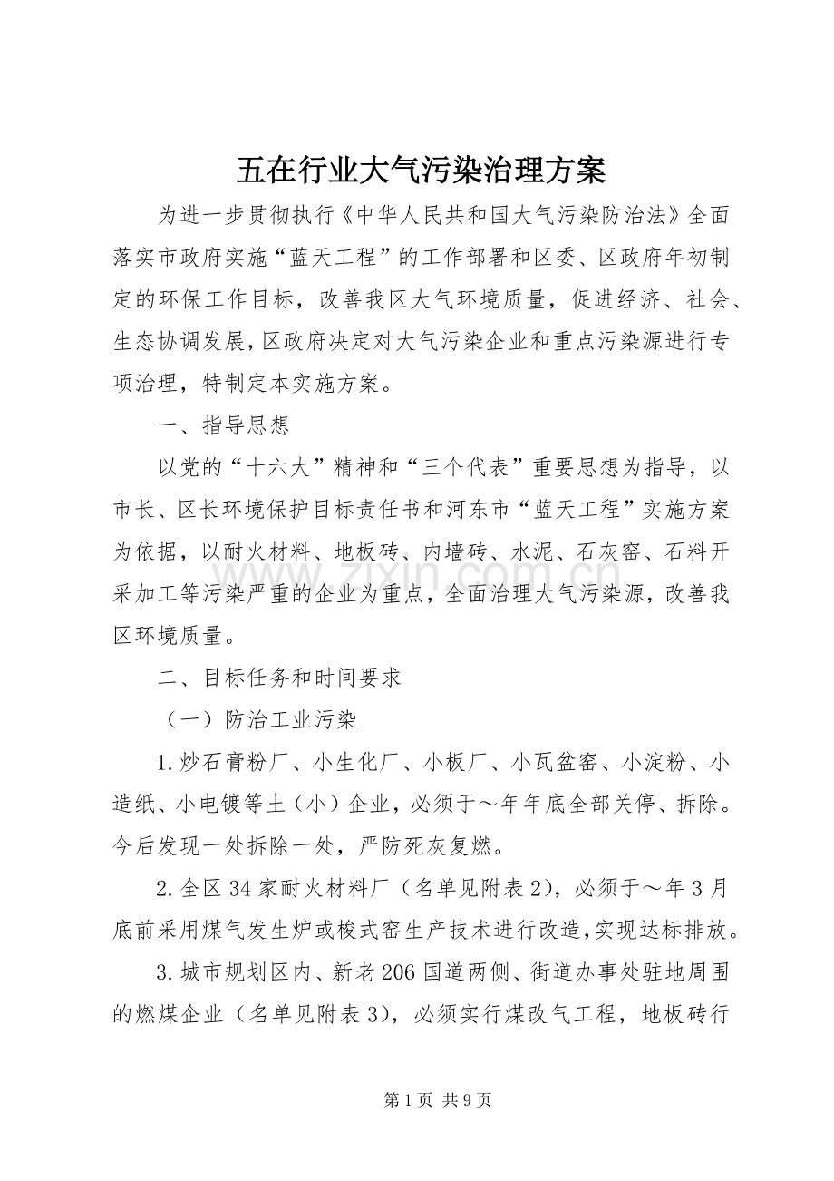 五在行业大气污染治理实施方案 .docx_第1页