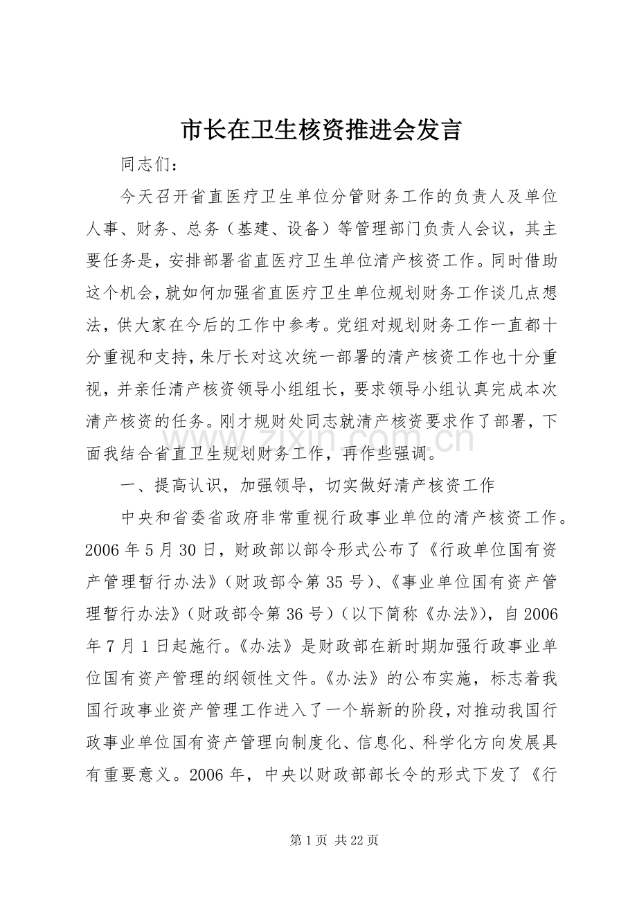 市长在卫生核资推进会发言.docx_第1页