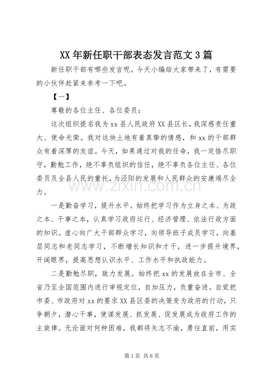 XX年新任职干部表态发言稿范文3篇.docx_第1页