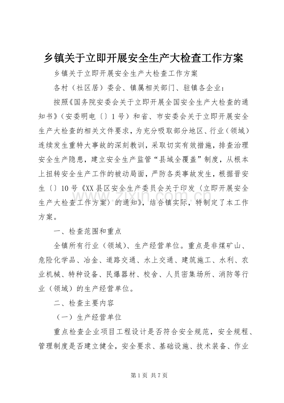 乡镇关于立即开展安全生产大检查工作实施方案.docx_第1页