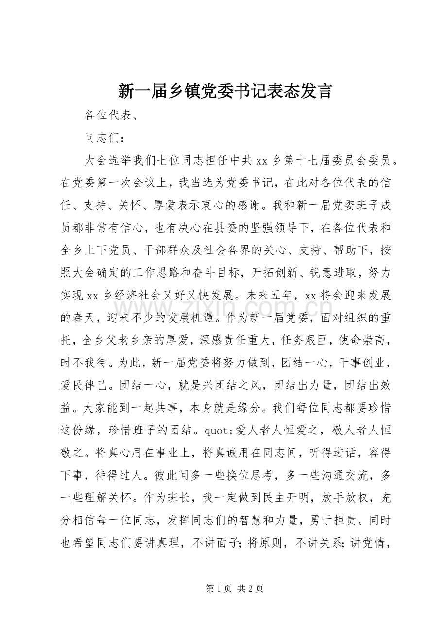 新一届乡镇党委书记表态发言.docx_第1页