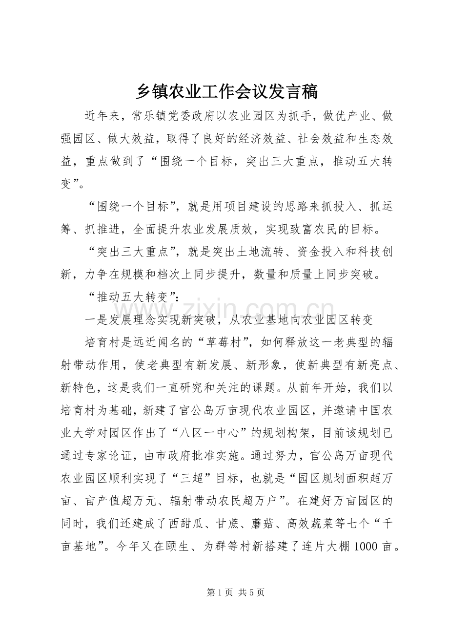 乡镇农业工作会议发言稿范文.docx_第1页