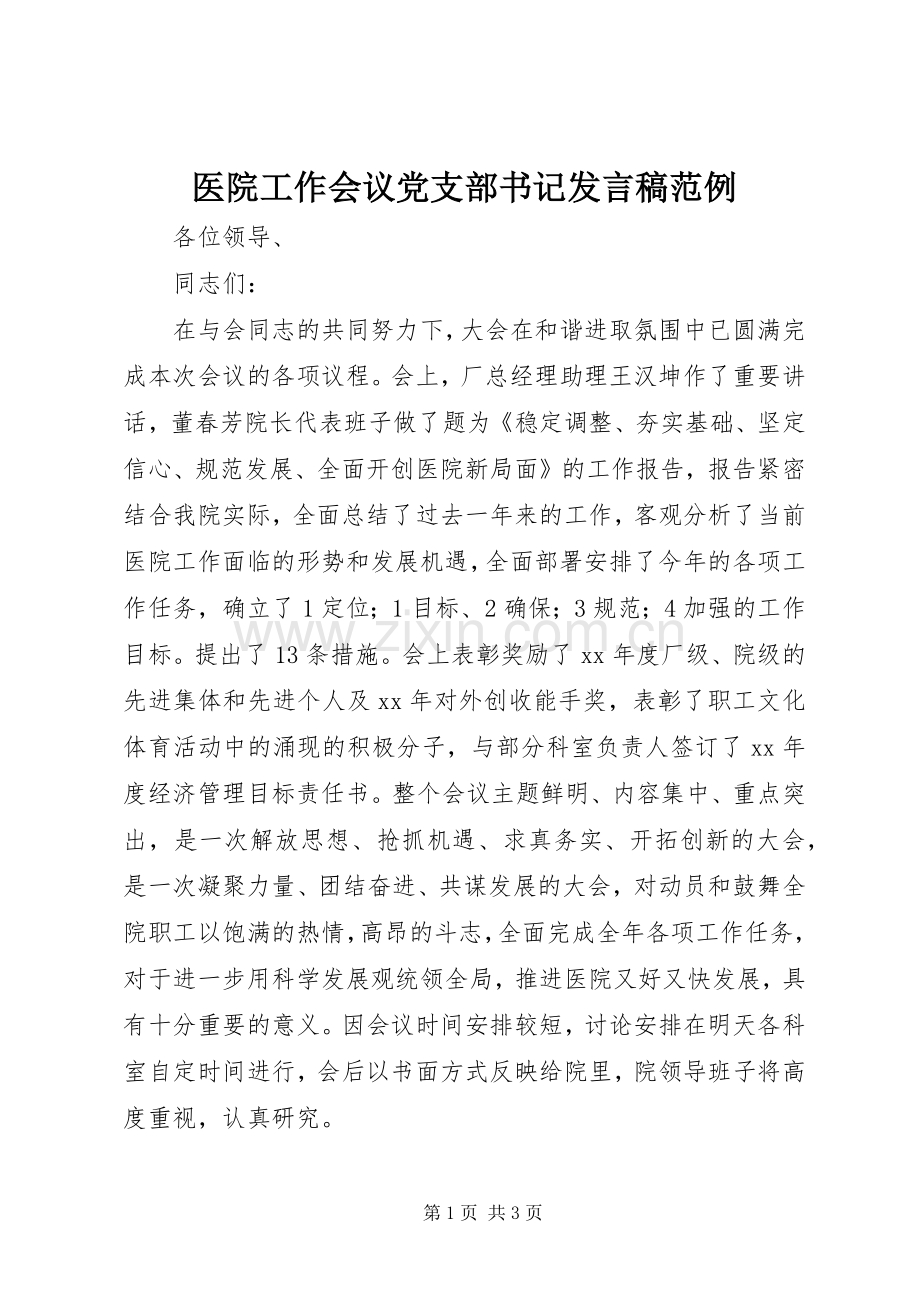 医院工作会议党支部书记发言范例.docx_第1页