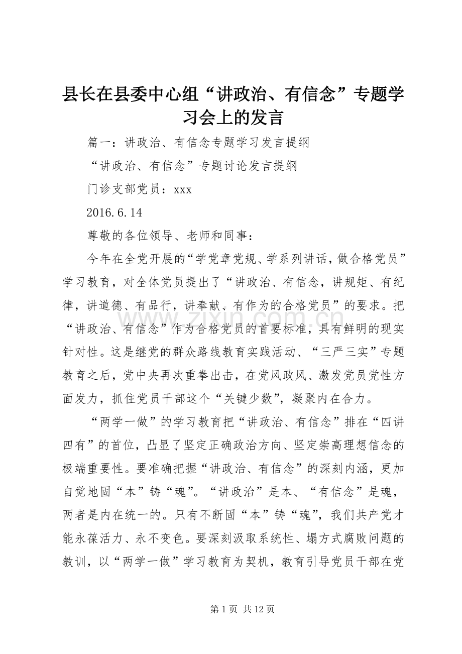 县长在县委中心组“讲政治、有信念”专题学习会上的发言.docx_第1页