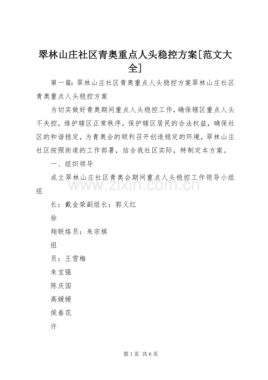 翠林山庄社区青奥重点人头稳控实施方案[范文大全].docx_第1页