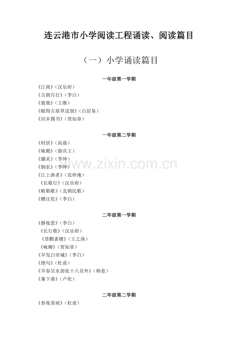 连云港市小学阅读工程诵读、阅读篇目.doc_第1页