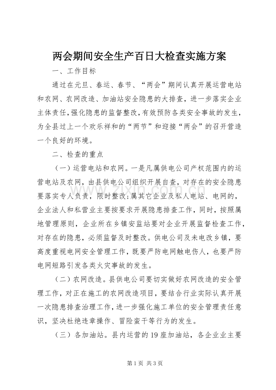 两会期间安全生产百日大检查方案.docx_第1页