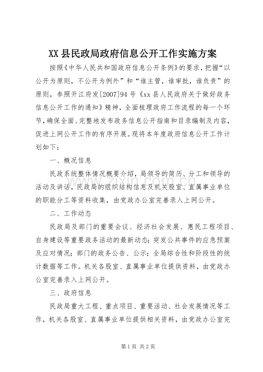 XX县民政局政府信息公开工作方案.docx_第1页