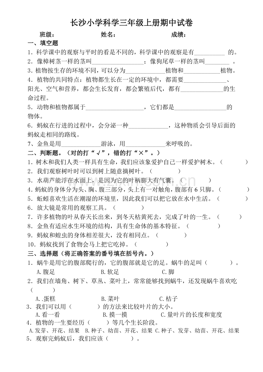 小学科学三年级上册期中试卷.doc_第1页