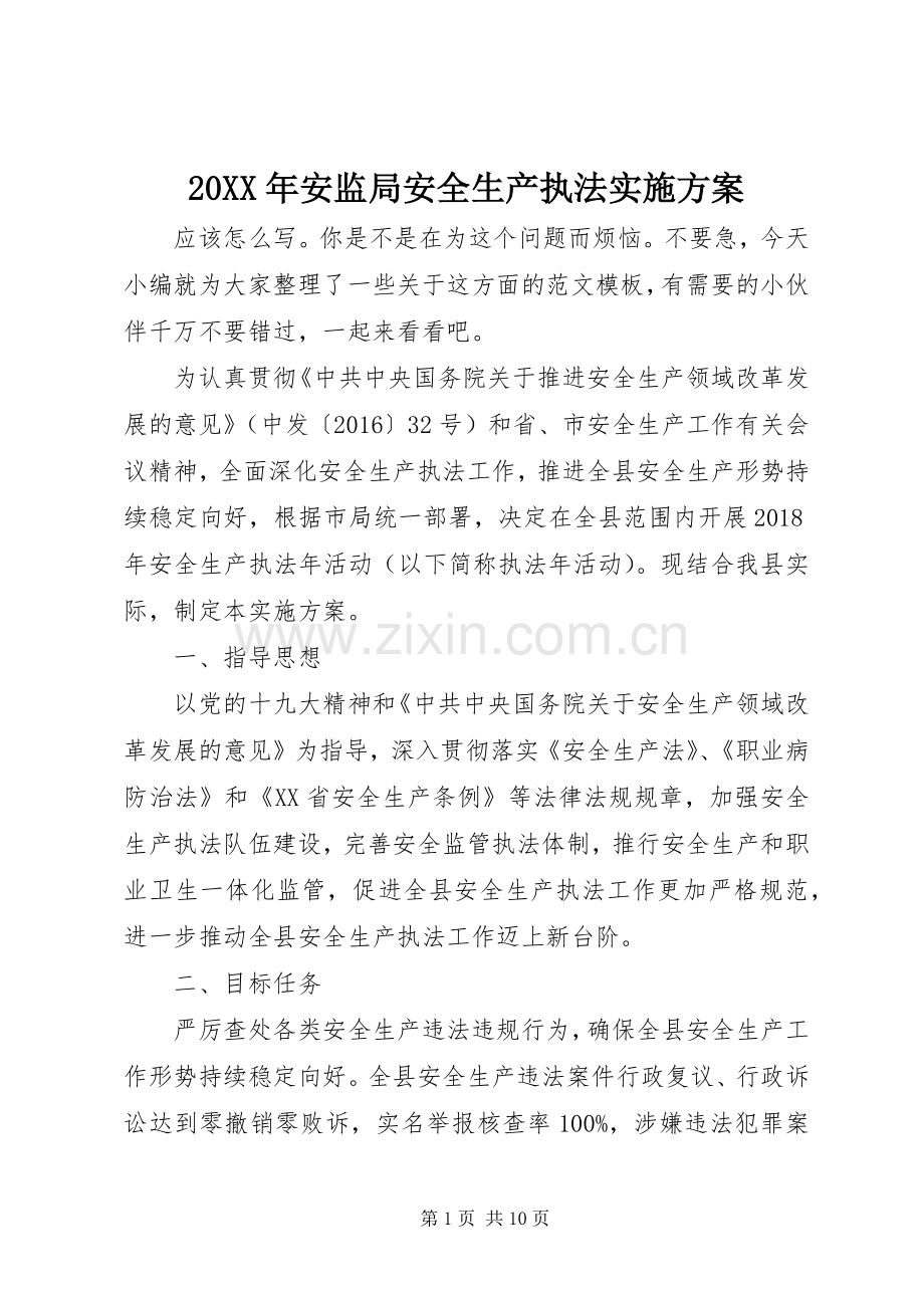 XX年安监局安全生产执法方案.docx_第1页