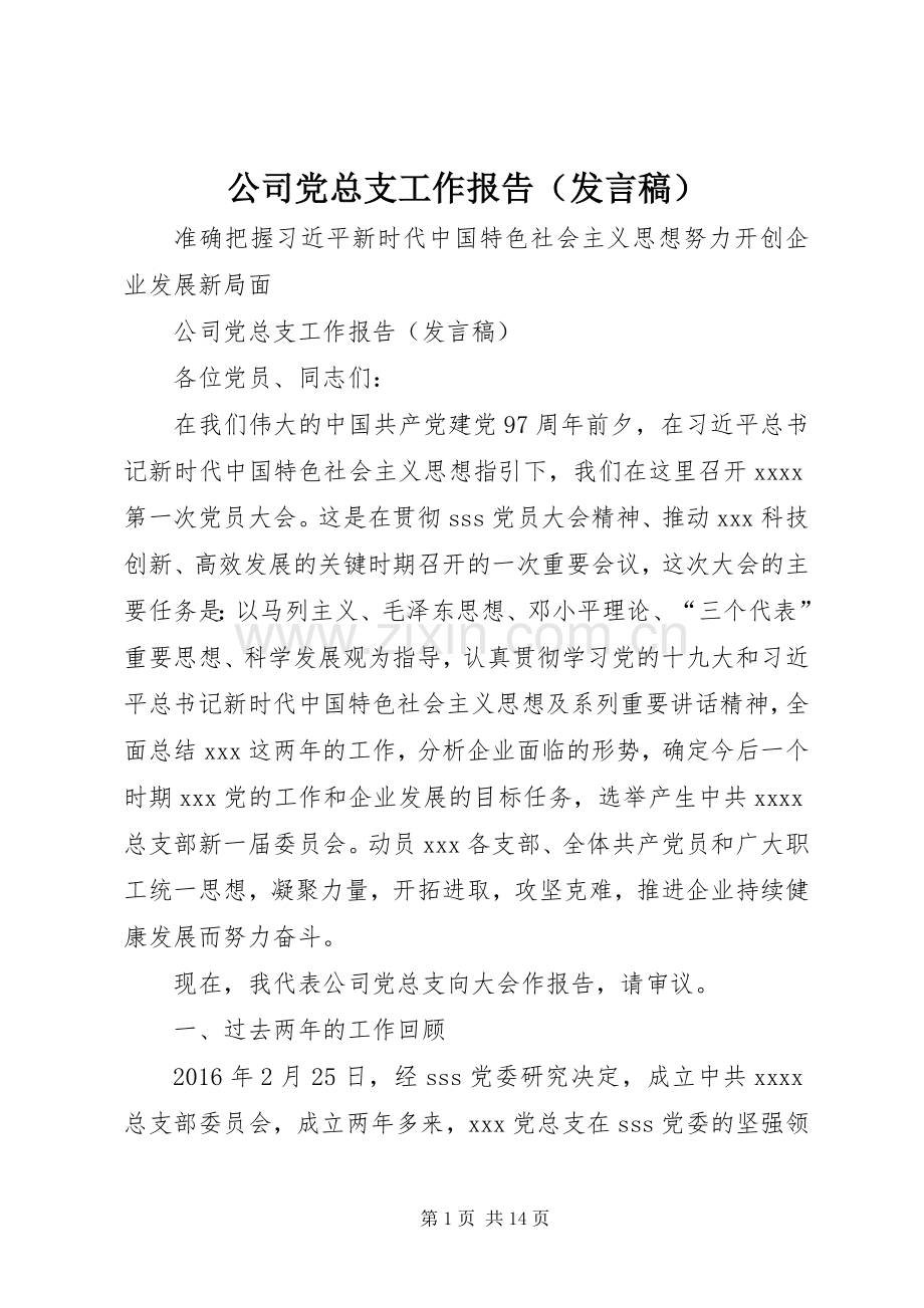 公司党总支工作报告（发言稿）.docx_第1页