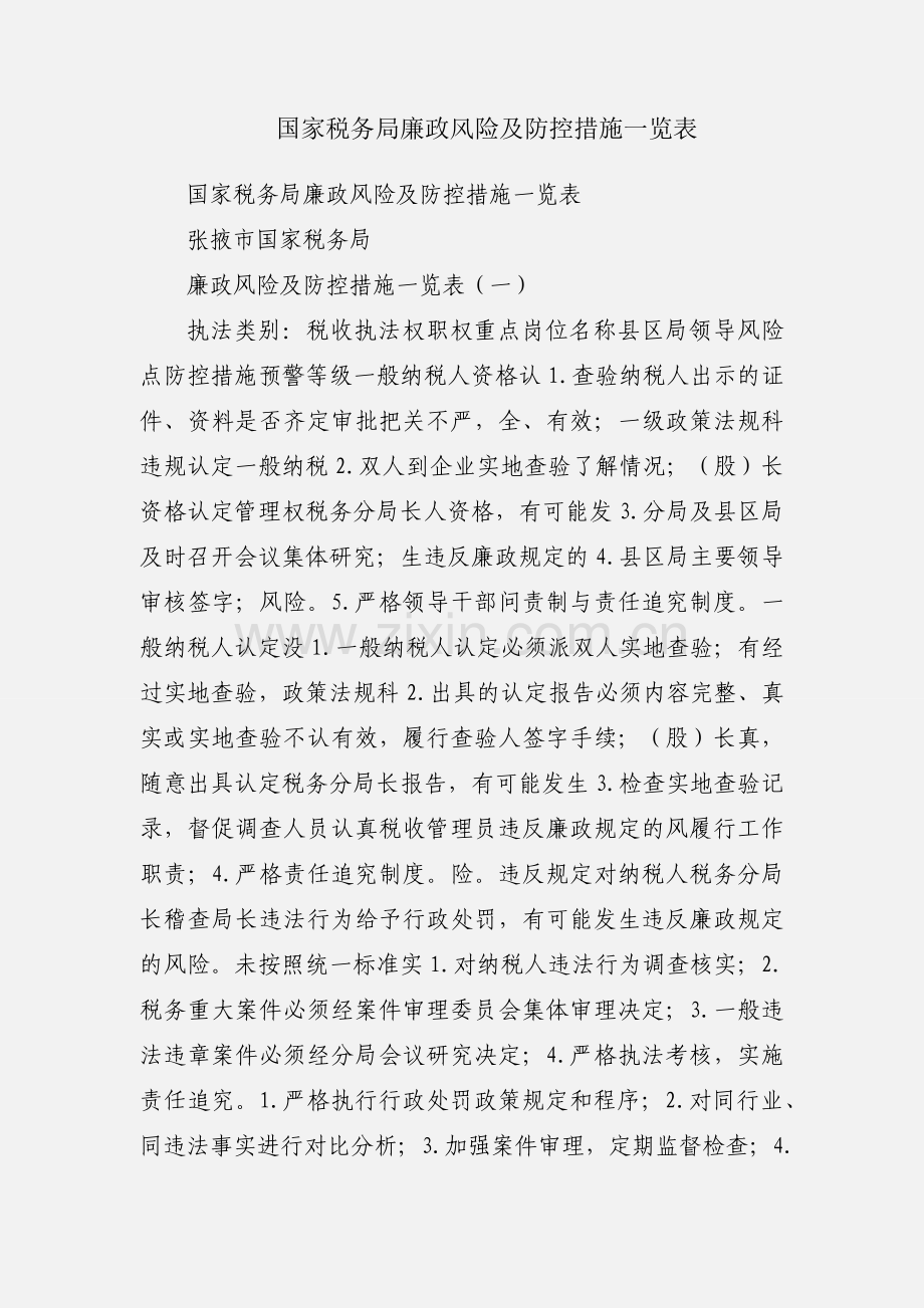 国家税务局廉政风险及防控措施一览表.docx_第1页
