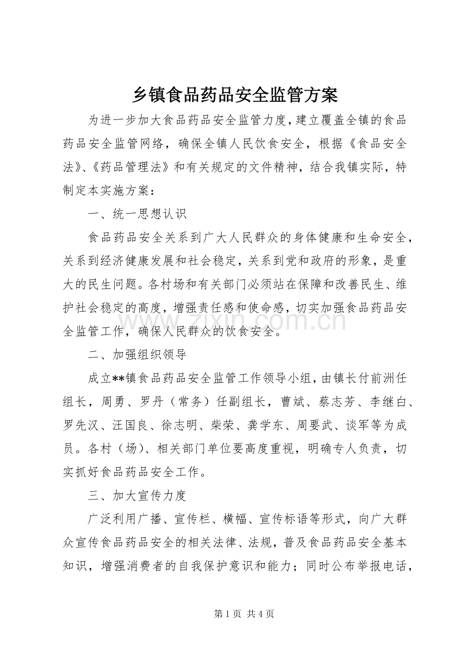 乡镇食品药品安全监管实施方案.docx_第1页