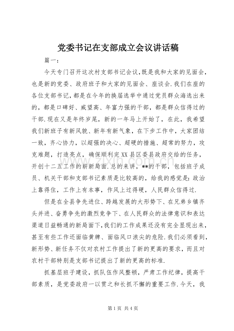 党委书记在支部成立会议讲话稿.docx_第1页