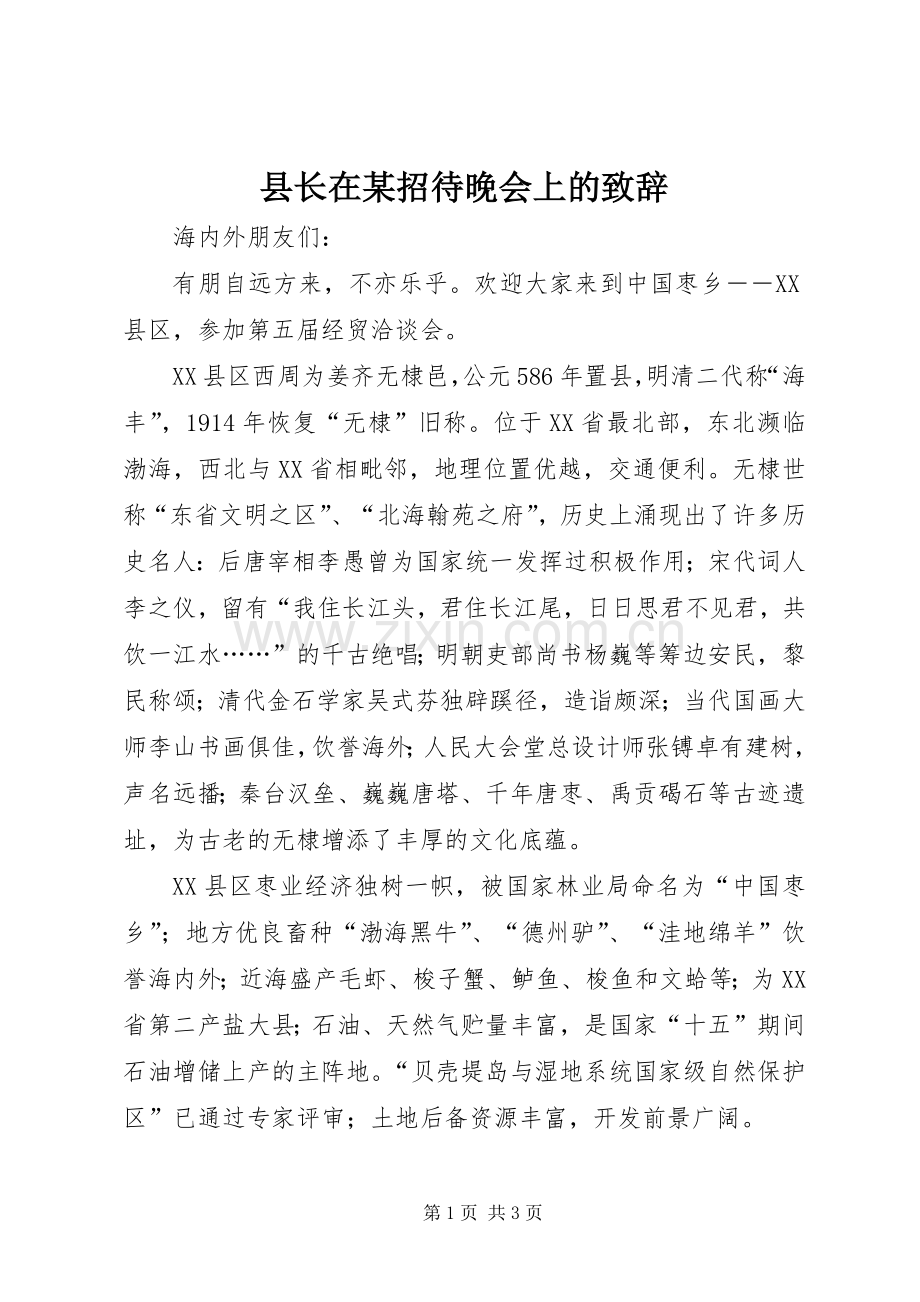 县长在某招待晚会上的演讲致辞.docx_第1页