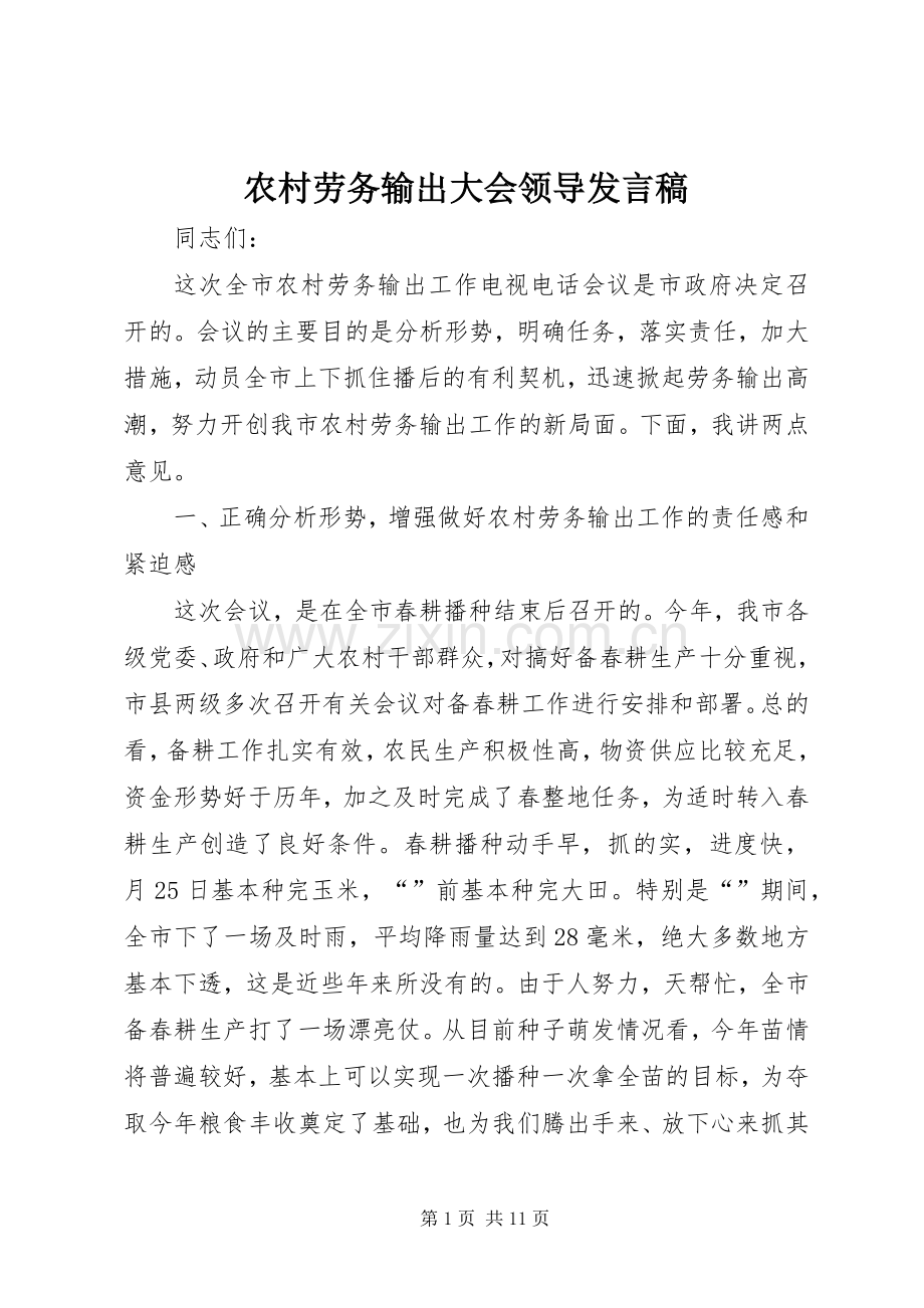 农村劳务输出大会领导发言稿.docx_第1页