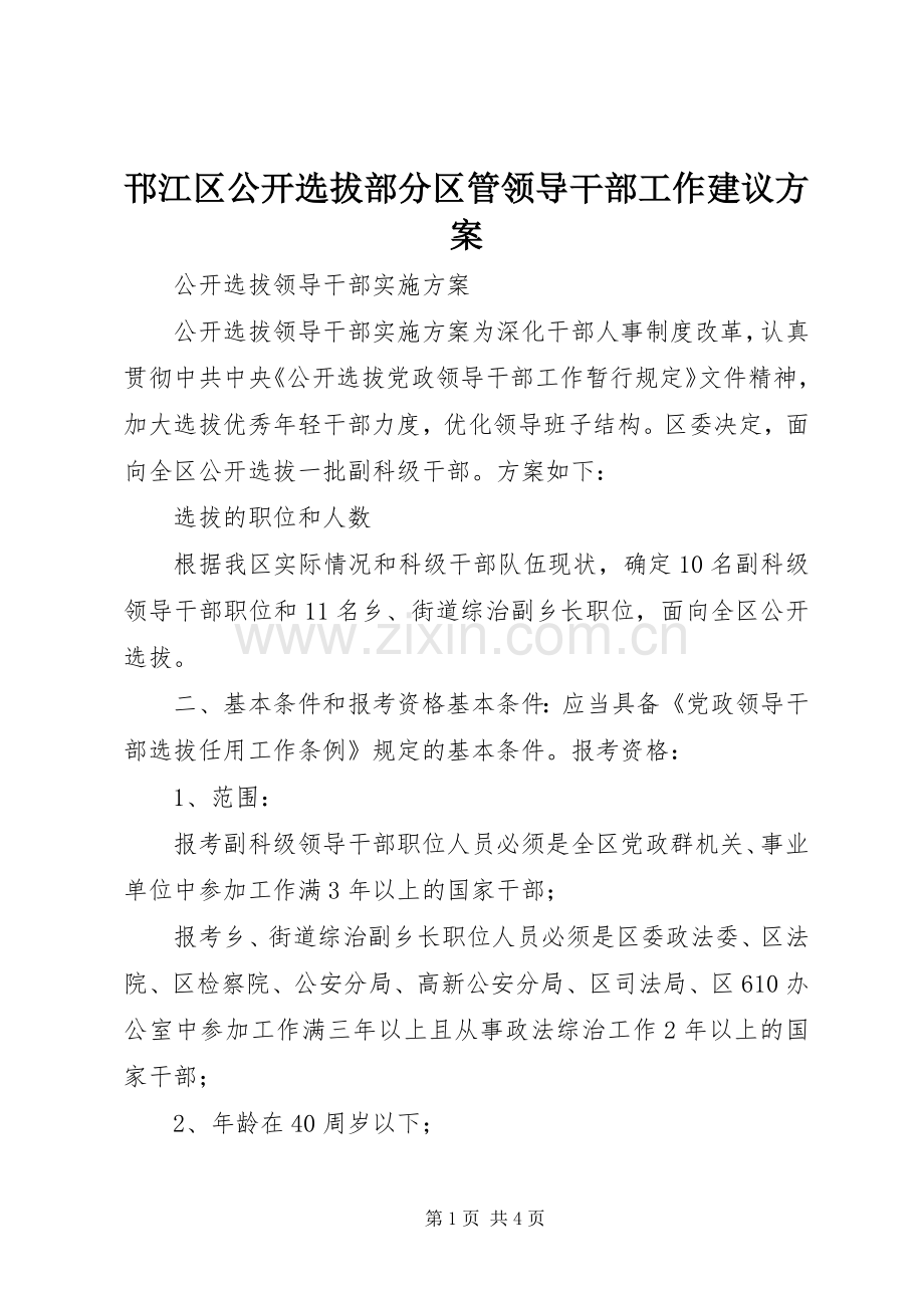 邗江区公开选拔部分区管领导干部工作建议实施方案 .docx_第1页