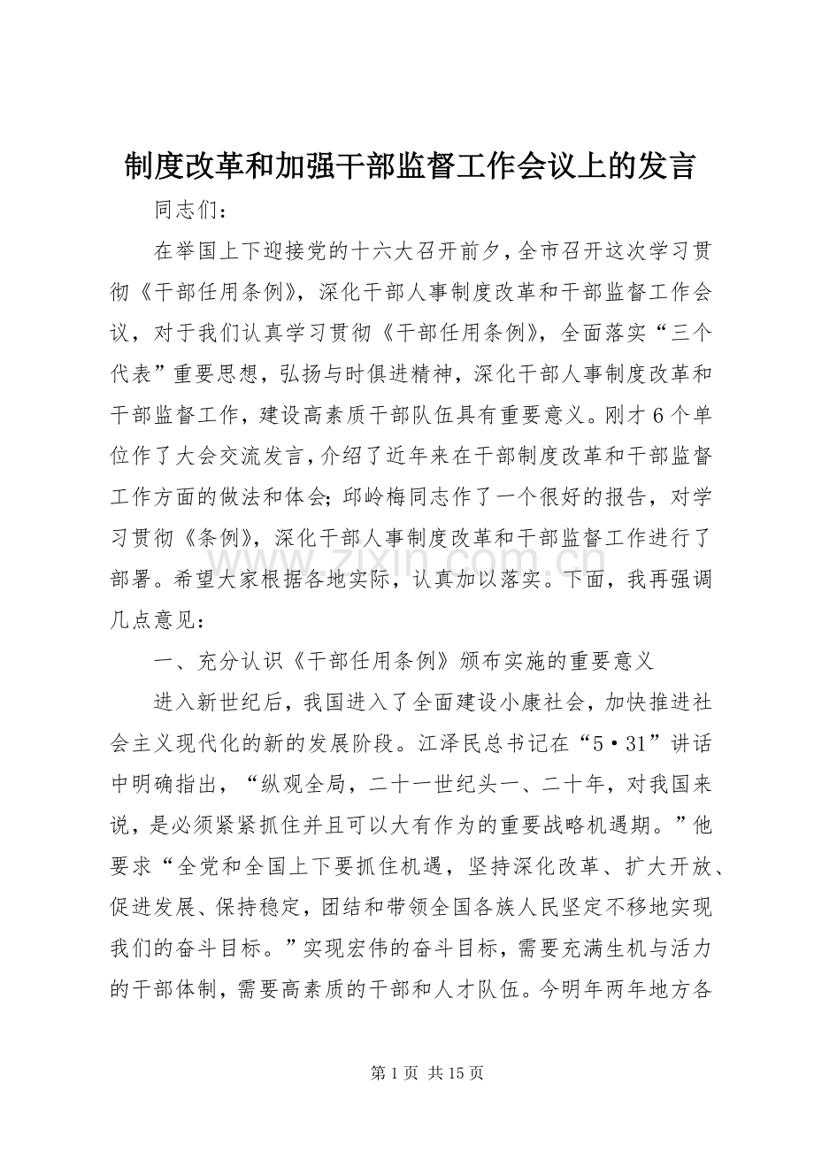 制度改革和加强干部监督工作会议上的发言稿.docx_第1页