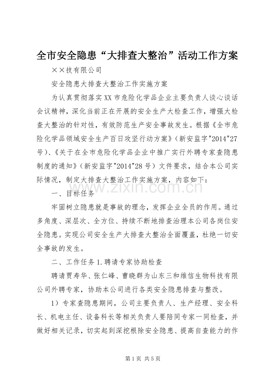 全市安全隐患“大排查大整治”活动工作实施方案 .docx_第1页