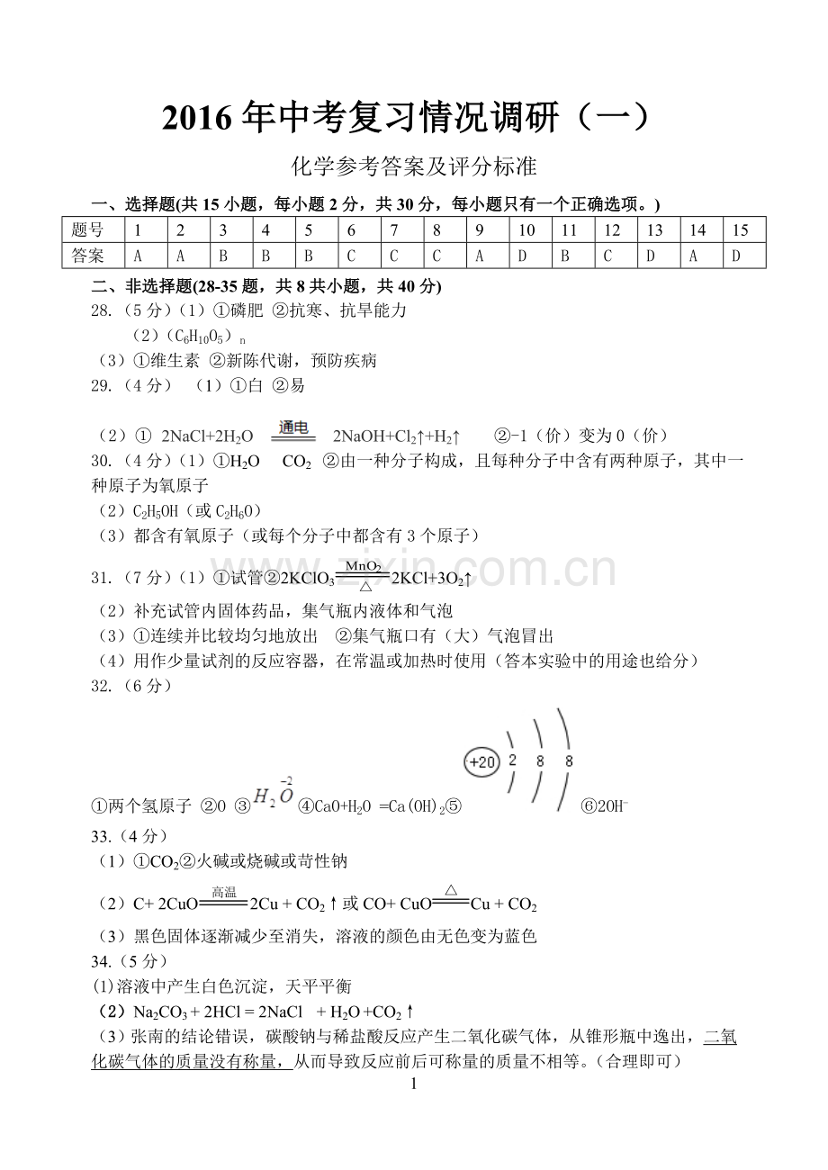 2016年南岗区初中升学调研测试(一)化学答案.doc_第1页