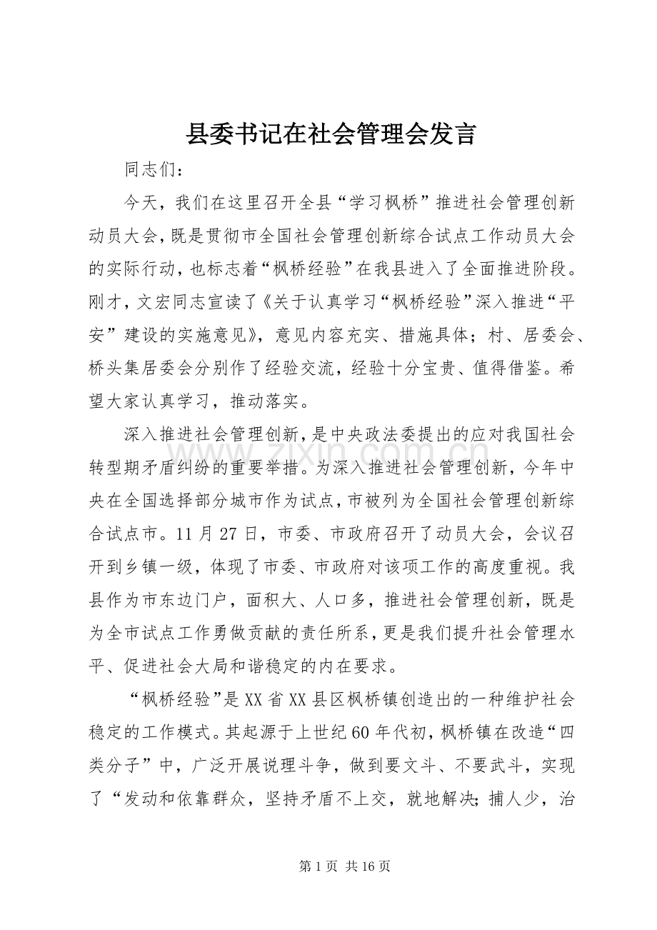 县委书记在社会管理会发言稿.docx_第1页