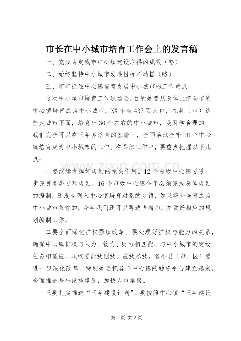 市长在中小城市培育工作会上的发言.docx_第1页