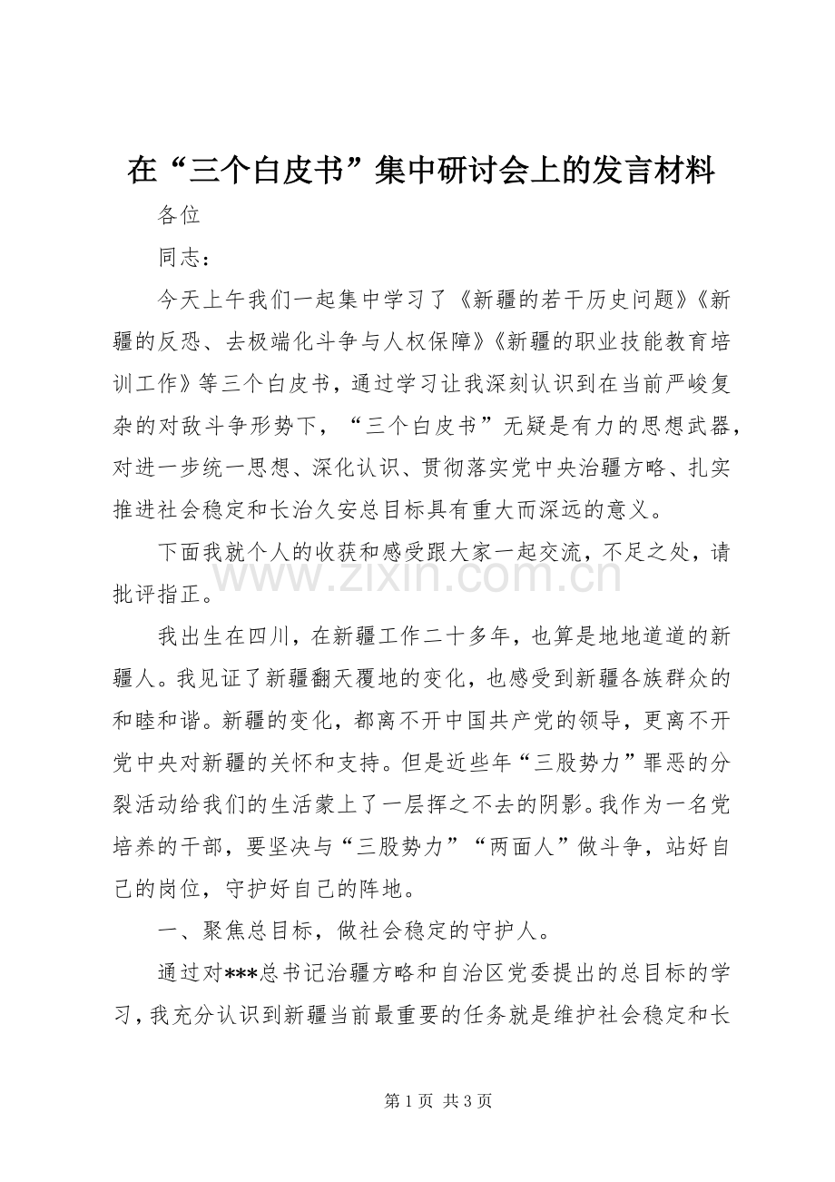 在“三个白皮书”集中研讨会上的发言材料提纲.docx_第1页