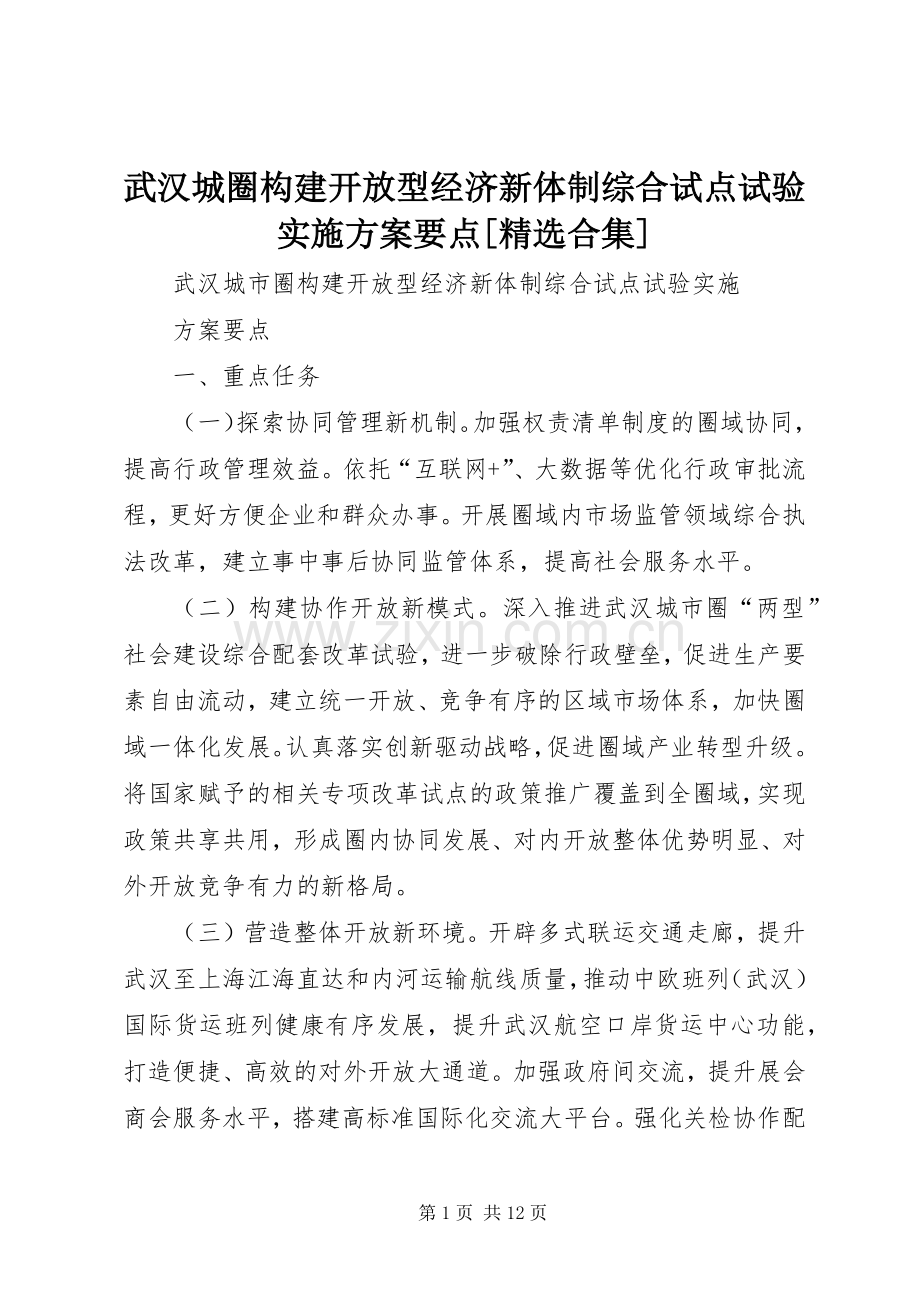武汉城圈构建开放型经济新体制综合试点试验方案要点[合集].docx_第1页