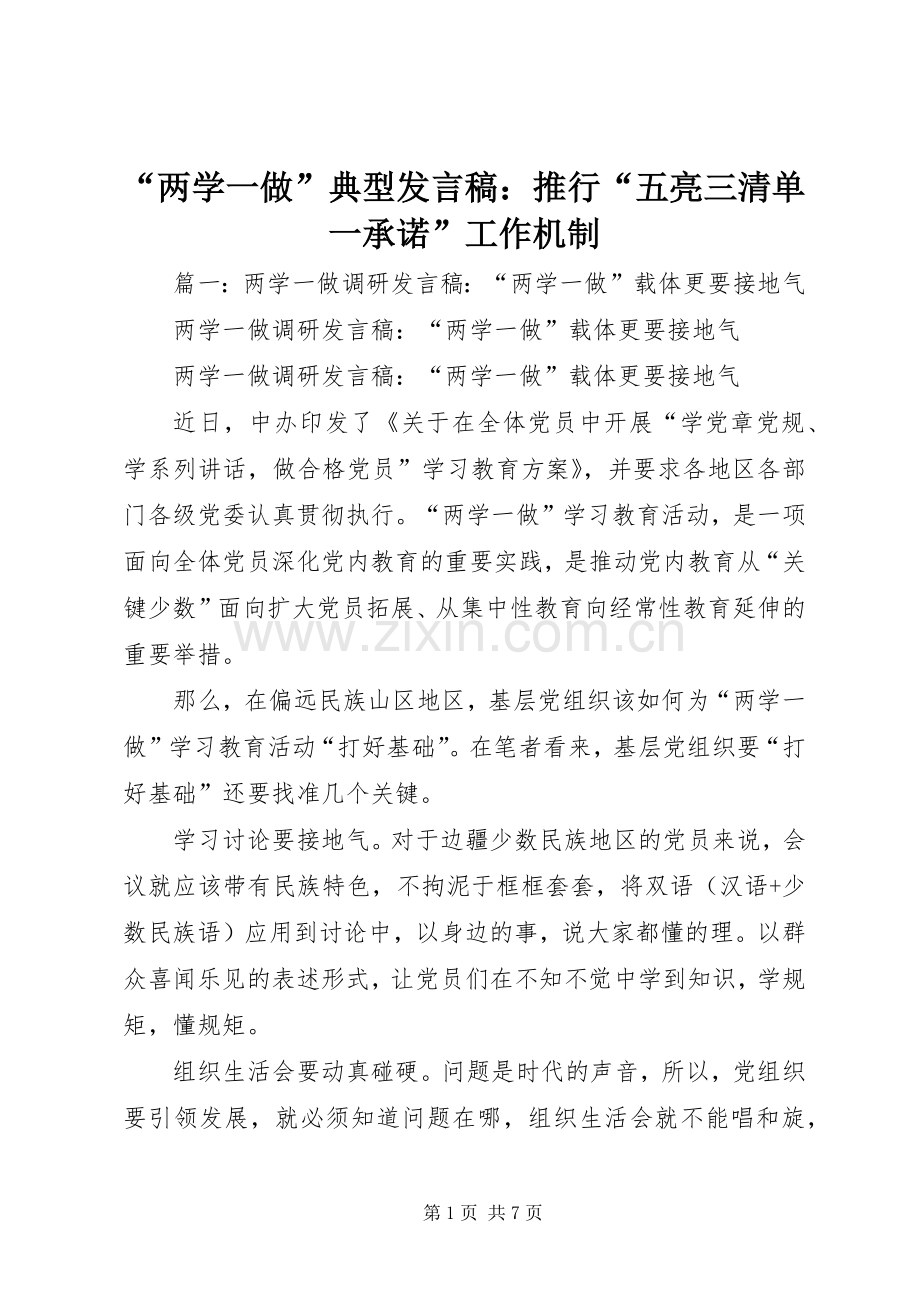 “两学一做”典型发言：推行“五亮三清单一承诺”工作机制.docx_第1页