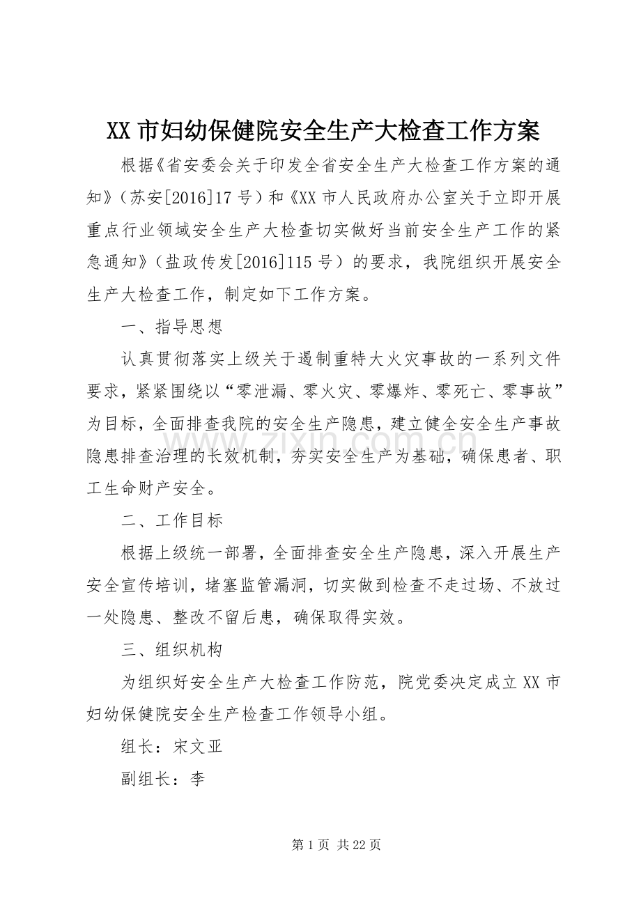 XX市妇幼保健院安全生产大检查工作实施方案.docx_第1页