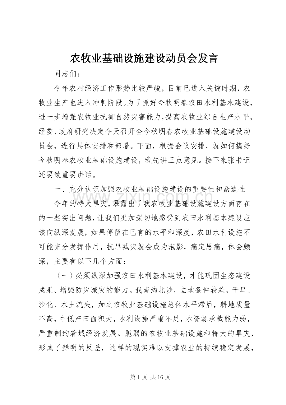 农牧业基础设施建设动员会发言.docx_第1页