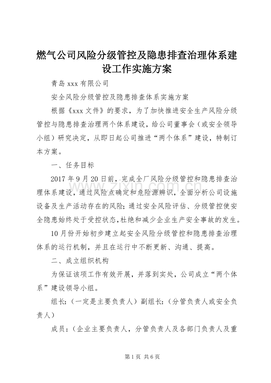 燃气公司风险分级管控及隐患排查治理体系建设工作方案.docx_第1页
