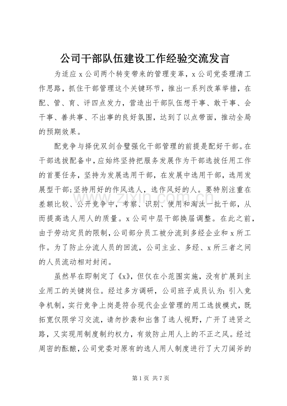 公司干部队伍建设工作经验交流发言稿.docx_第1页