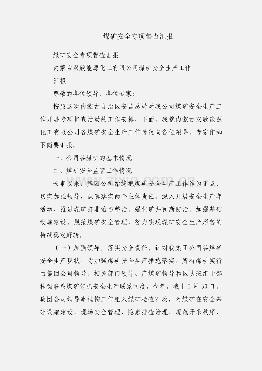煤矿安全专项督查汇报.docx_第1页