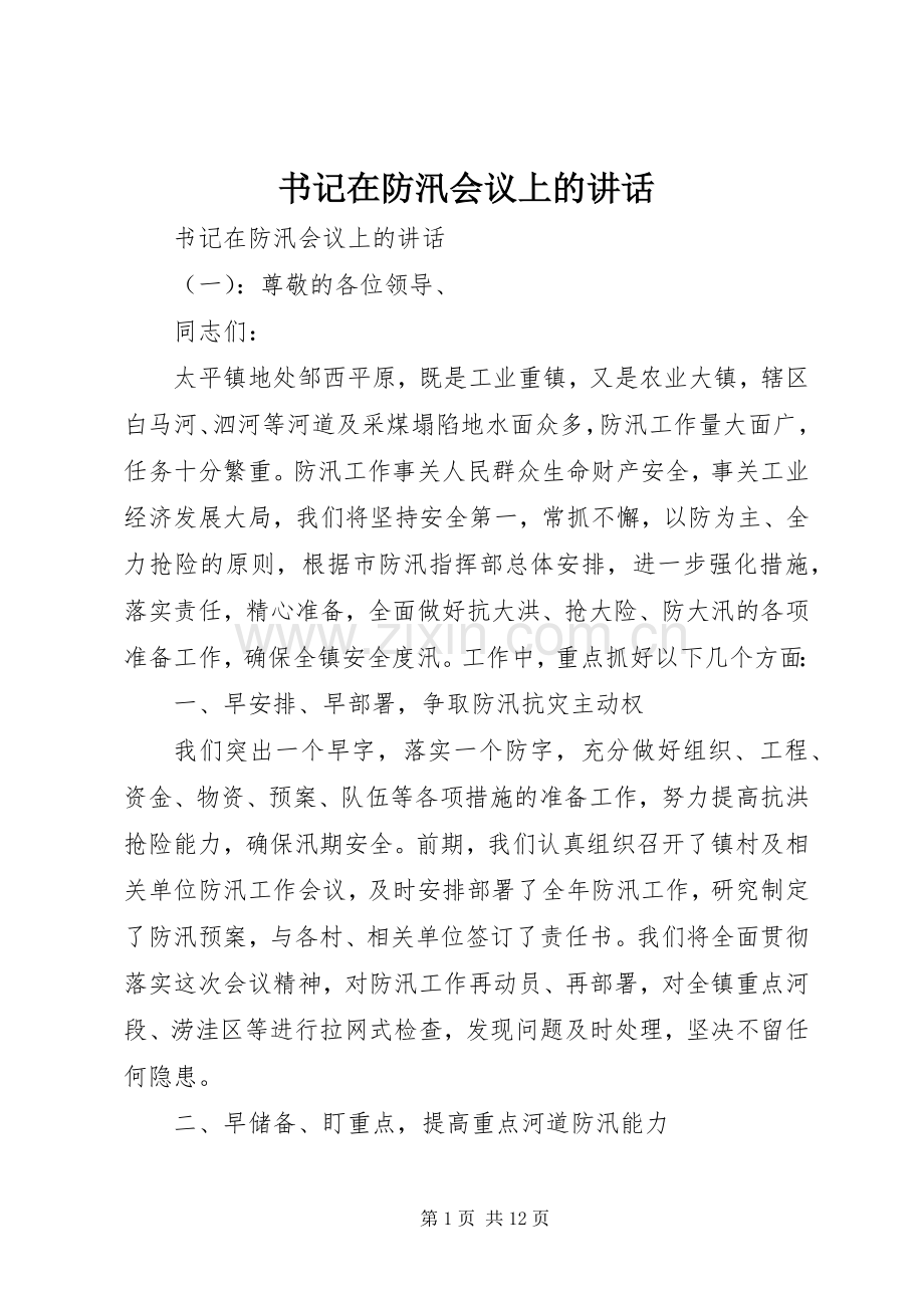 书记在防汛会议上的讲话.docx_第1页