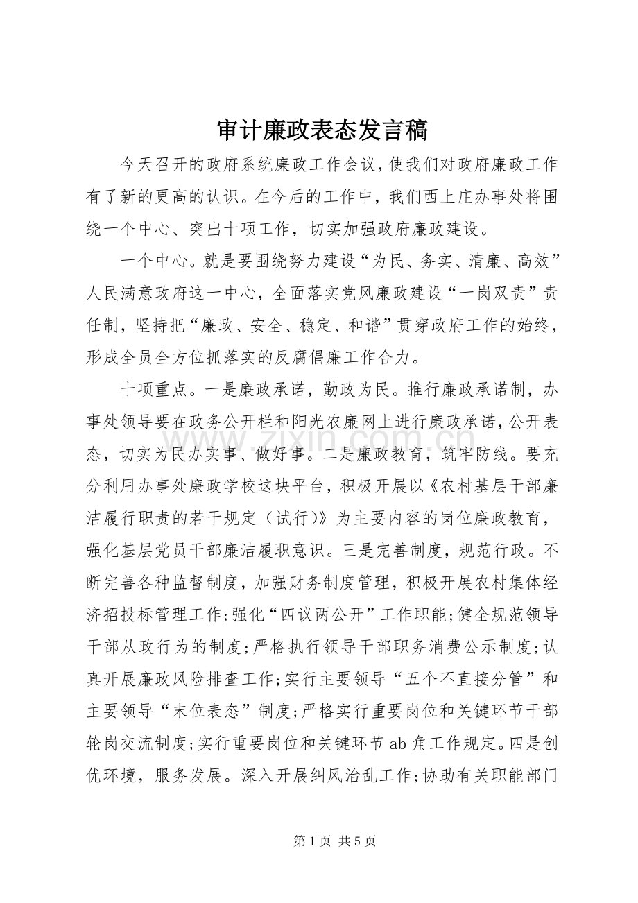 审计廉政表态发言.docx_第1页