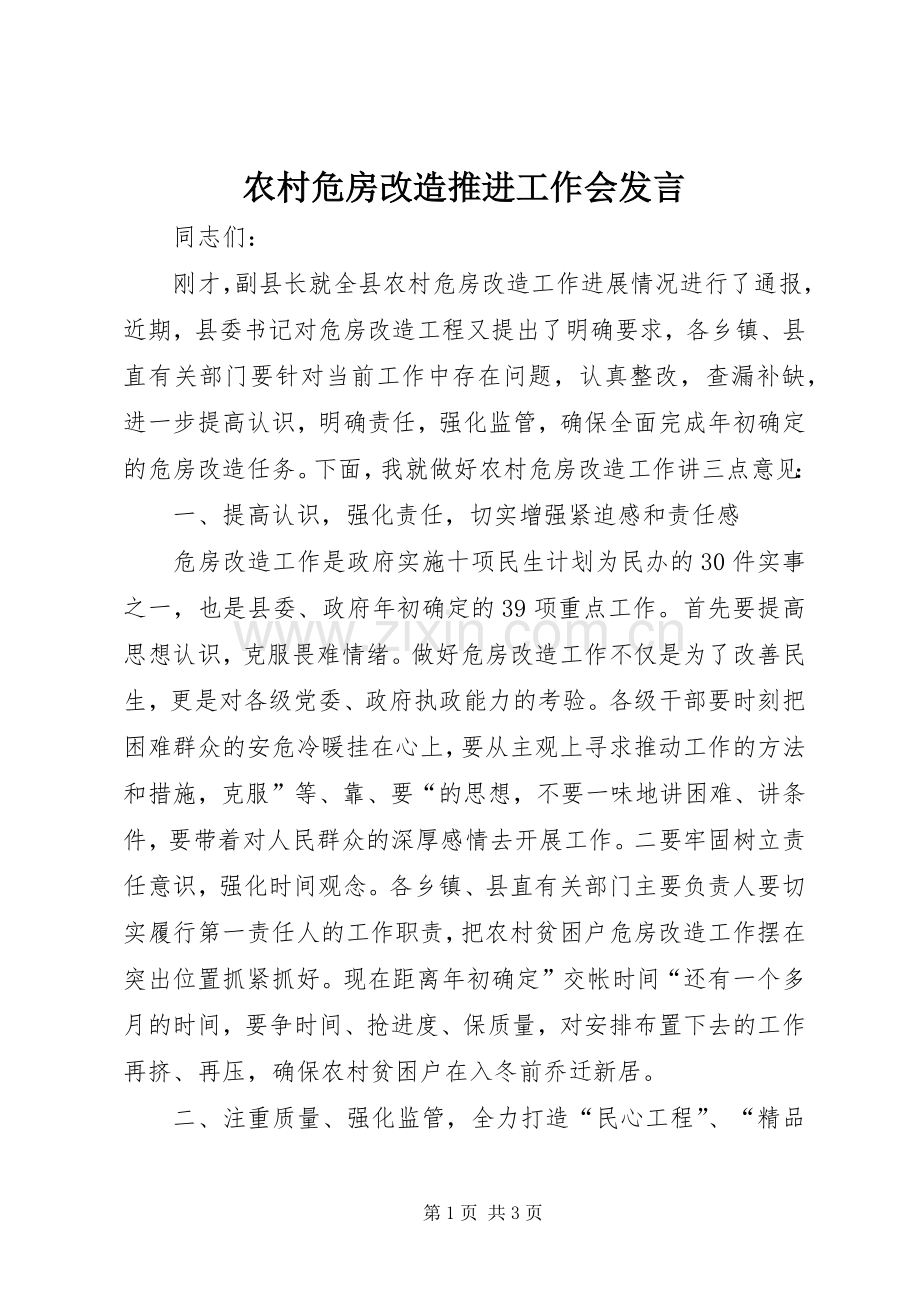 农村危房改造推进工作会发言稿.docx_第1页