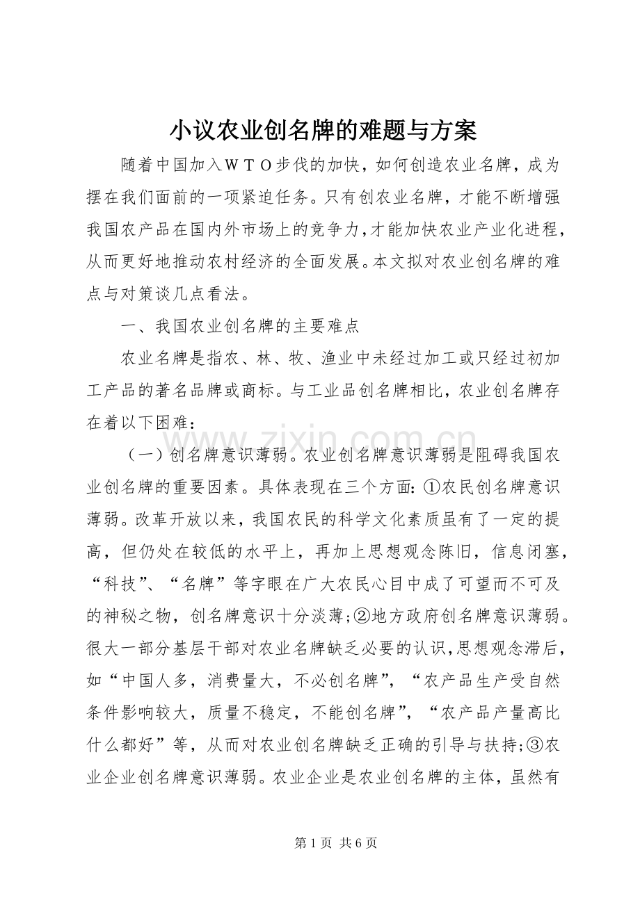 小议农业创名牌的难题与实施方案.docx_第1页