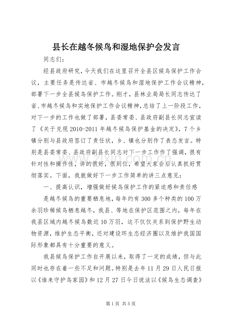 县长在越冬候鸟和湿地保护会发言稿.docx_第1页