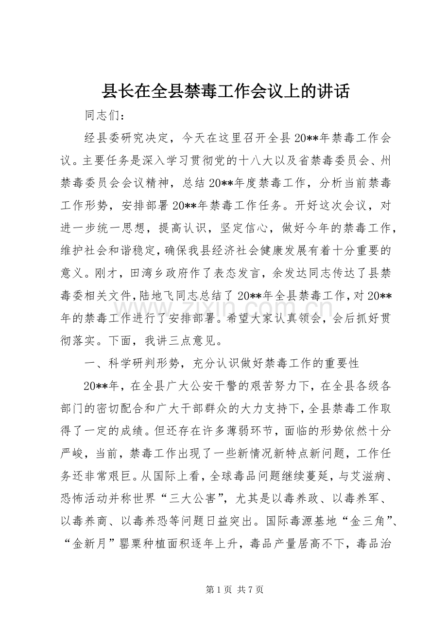 县长在全县禁毒工作会议上的讲话.docx_第1页