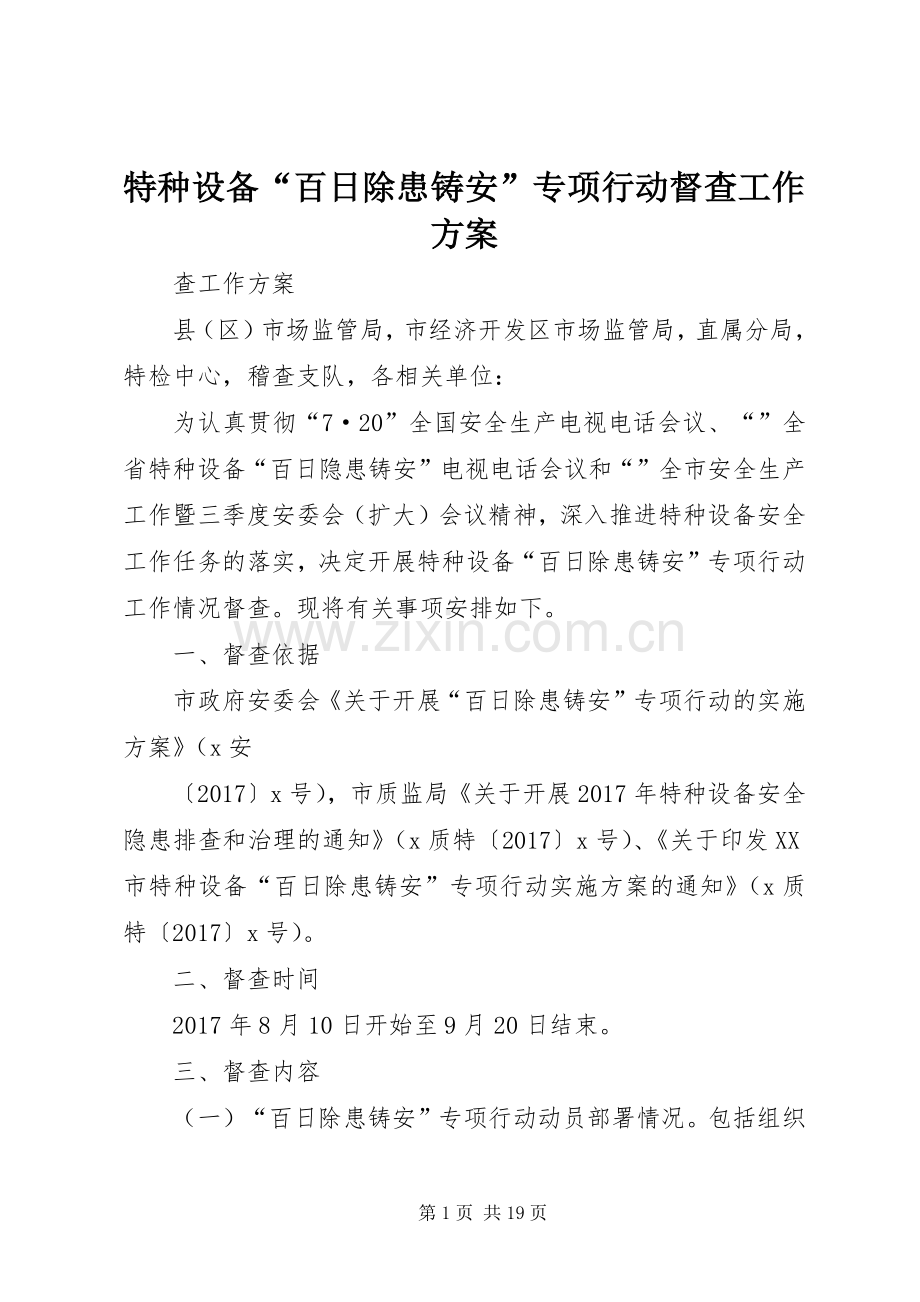 特种设备“百日除患铸安”专项行动督查工作实施方案.docx_第1页