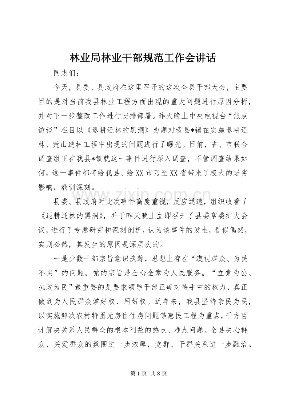 林业局林业干部规范工作会讲话.docx_第1页