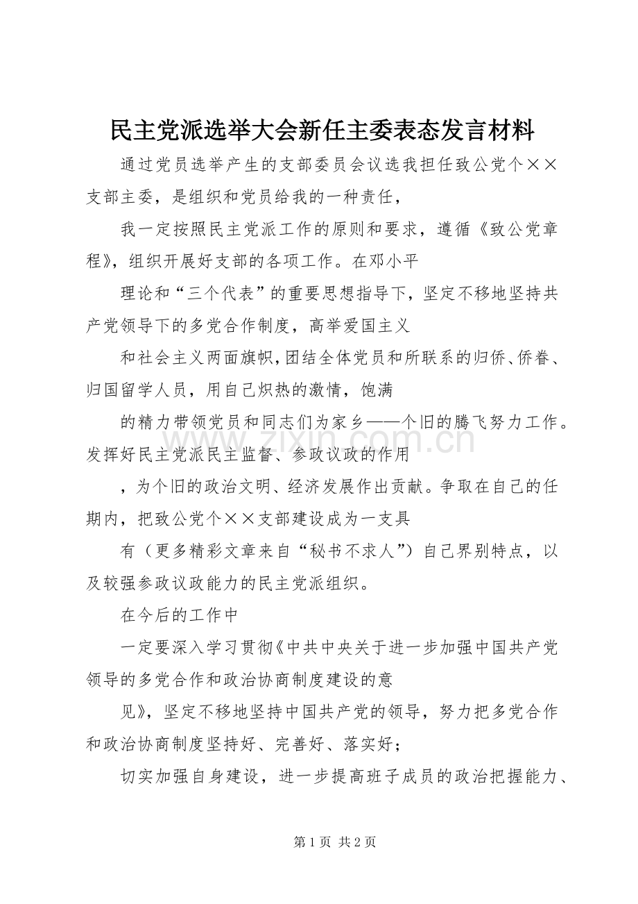民主党派选举大会新任主委表态发言材料提纲范文.docx_第1页