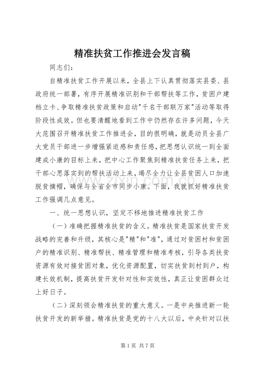 精准扶贫工作推进会发言稿.docx_第1页