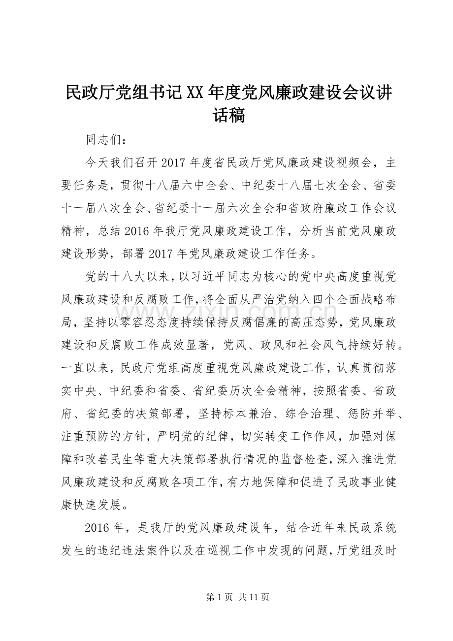 民政厅党组书记XX年度党风廉政建设会议讲话稿.docx_第1页